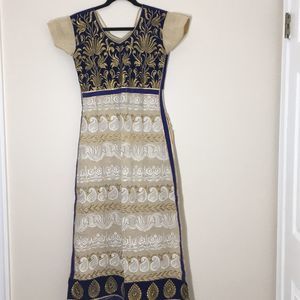 💜 Beige kurta with blue velvet border